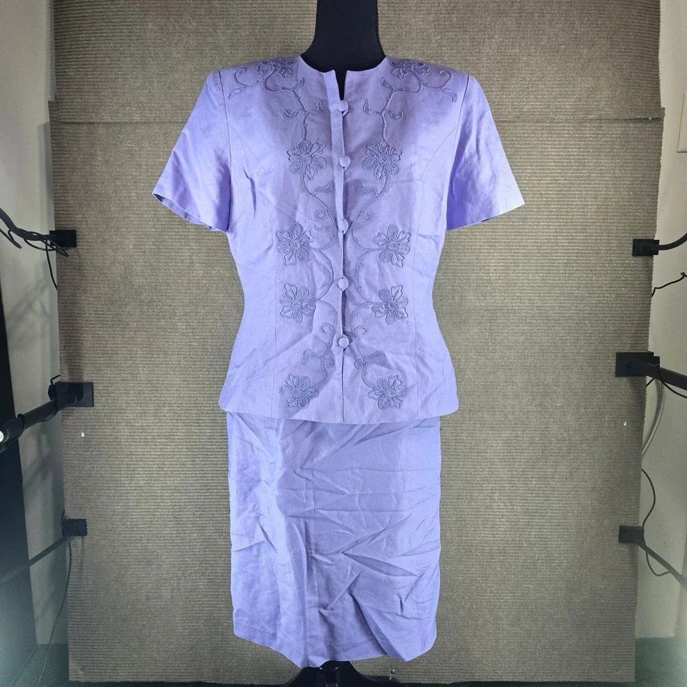 Donna Morgan Womens 12 Purple Linen Blend‎ Embroidered Skirt Suit Set